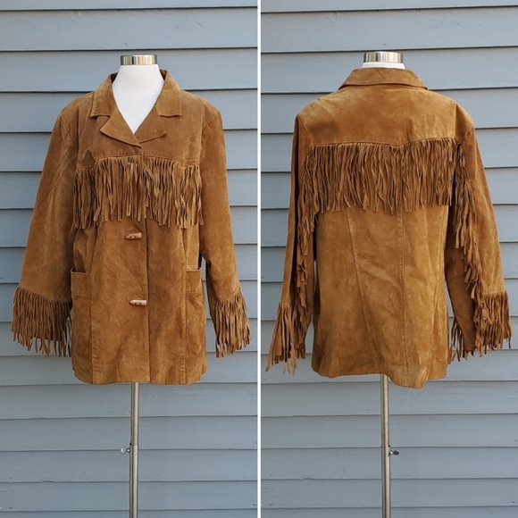 Vintage 90s y2k Whiskey Brown Suede Leather Fringe Boho Moto Western Jacket 20W - Picture 1 of 6